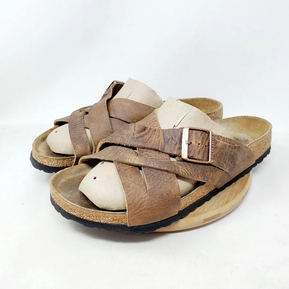 Birkenstock Lugano Sandals 44 Mens 11 Tobacco Oiled Leather Straps Shoes